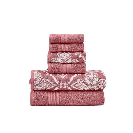 Naja 6 Piece Cotton Towel Set, Jacquard Pattern, White, Pink By Casagear Home