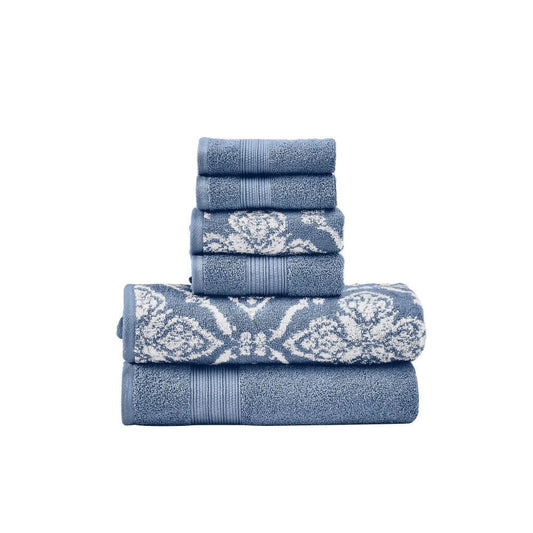 Naja 6 Piece Cotton Towel Set, Jacquard Pattern, White, Blue By Casagear Home