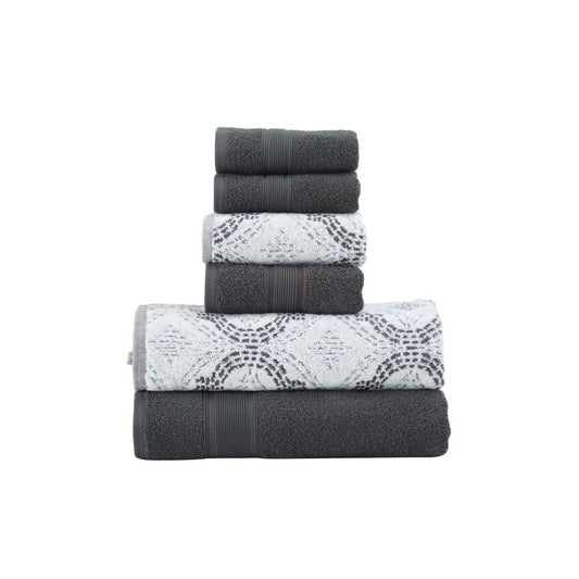 Oya 6 Piece Cotton Towel Set, Quatrefoil Stitch, White, Gray By Casagear Home