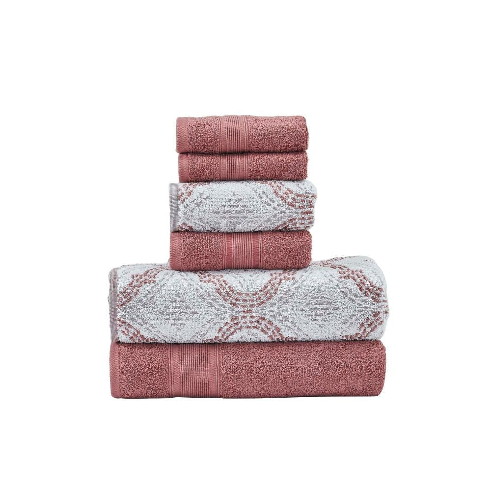 Oya 6 Piece Cotton Towel Set, Quatrefoil Stitch, White, Pink By Casagear Home