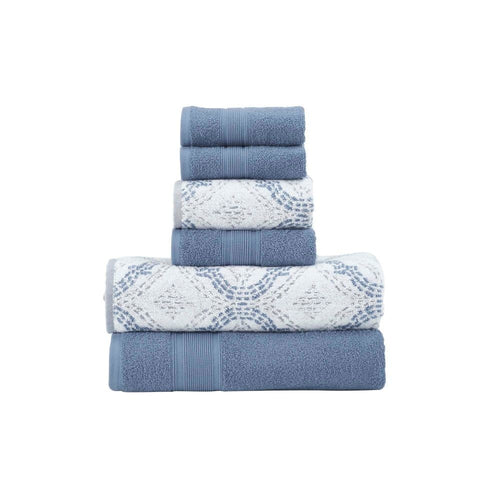 Oya 6 Piece Cotton Towel Set, Quatrefoil Stitch, White, Blue By Casagear Home