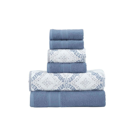 Oya 6 Piece Cotton Towel Set, Quatrefoil Stitch, White, Blue By Casagear Home