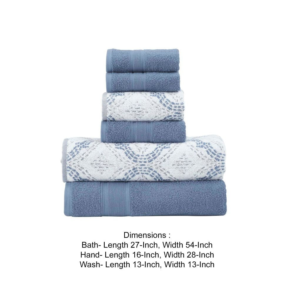Oya 6 Piece Cotton Towel Set Quatrefoil Stitch White Blue By Casagear Home BM301930