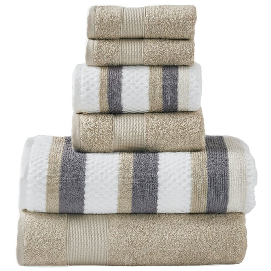 Nyx 6 Piece Soft Cotton Towel Set, Striped, White and Beige By Casagear Home