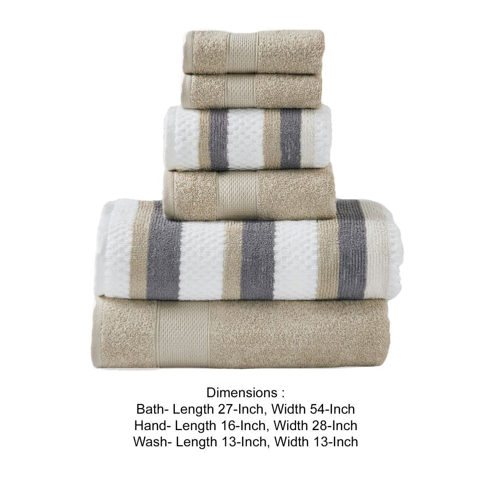 Nyx 6 Piece Soft Cotton Towel Set Striped White and Beige By Casagear Home BM301934