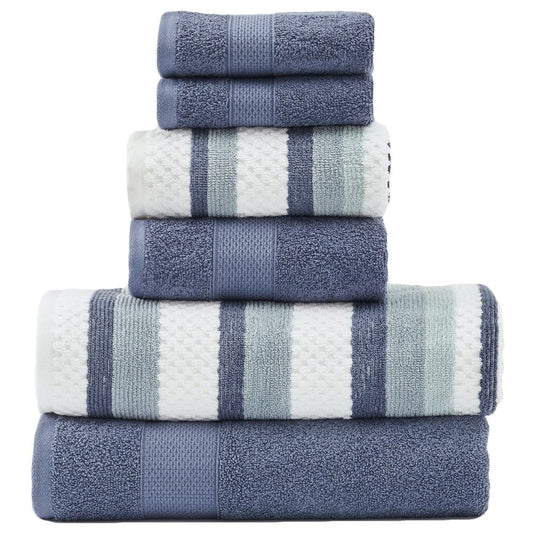 Nyx 6 Piece Soft Cotton Towel Set, Striped, White and Blue By Casagear Home
