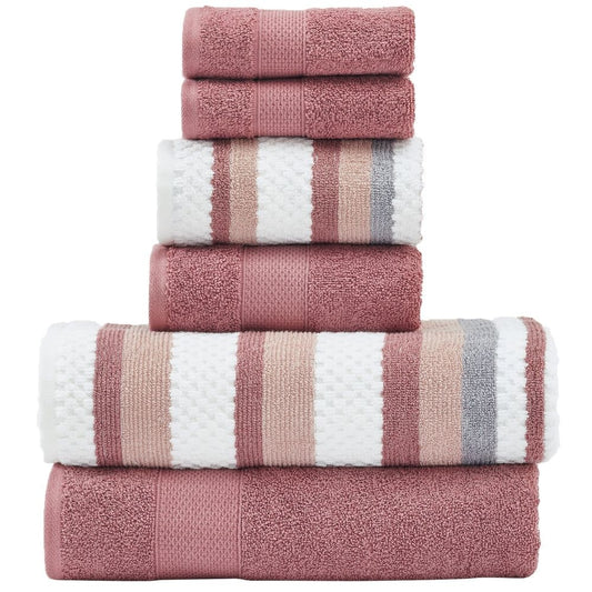 Nyx 6 Piece Soft Cotton Towel Set, Striped, White and Pink By Casagear Home
