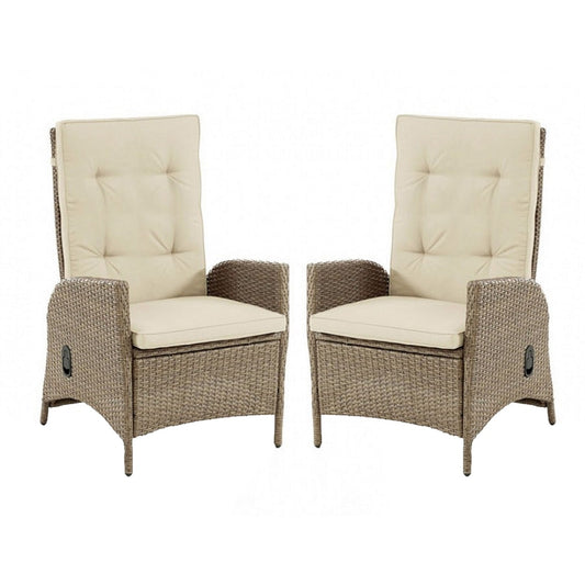 Ankia 25 Inch Outdoor Manual Reclining Chair, Set of 2, Brown Wicker, Beige By Casagear Home