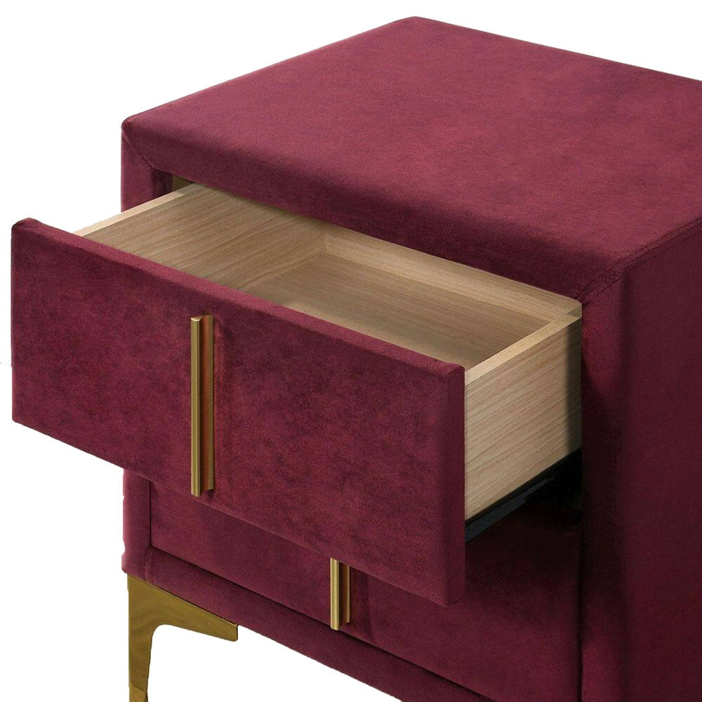 Bios 24 Inch Nightstand 2 Drawers Red Vegan Faux Leather Gold Accents By Casagear Home BM302194