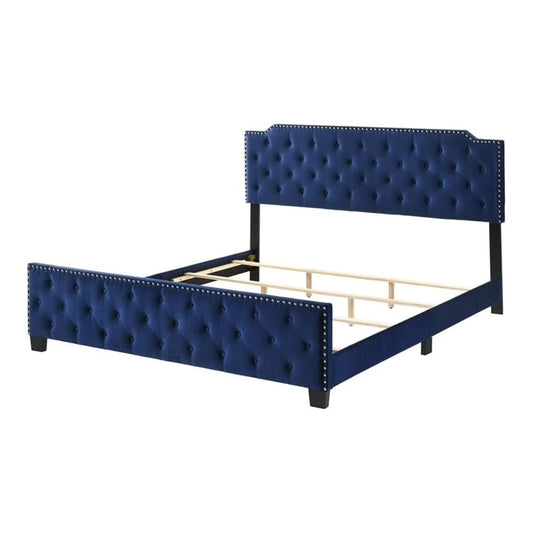 Agapi King Size Bed, Button Tufted, Nailhead Trim, Blue Fabric Upholstery By Casagear Home