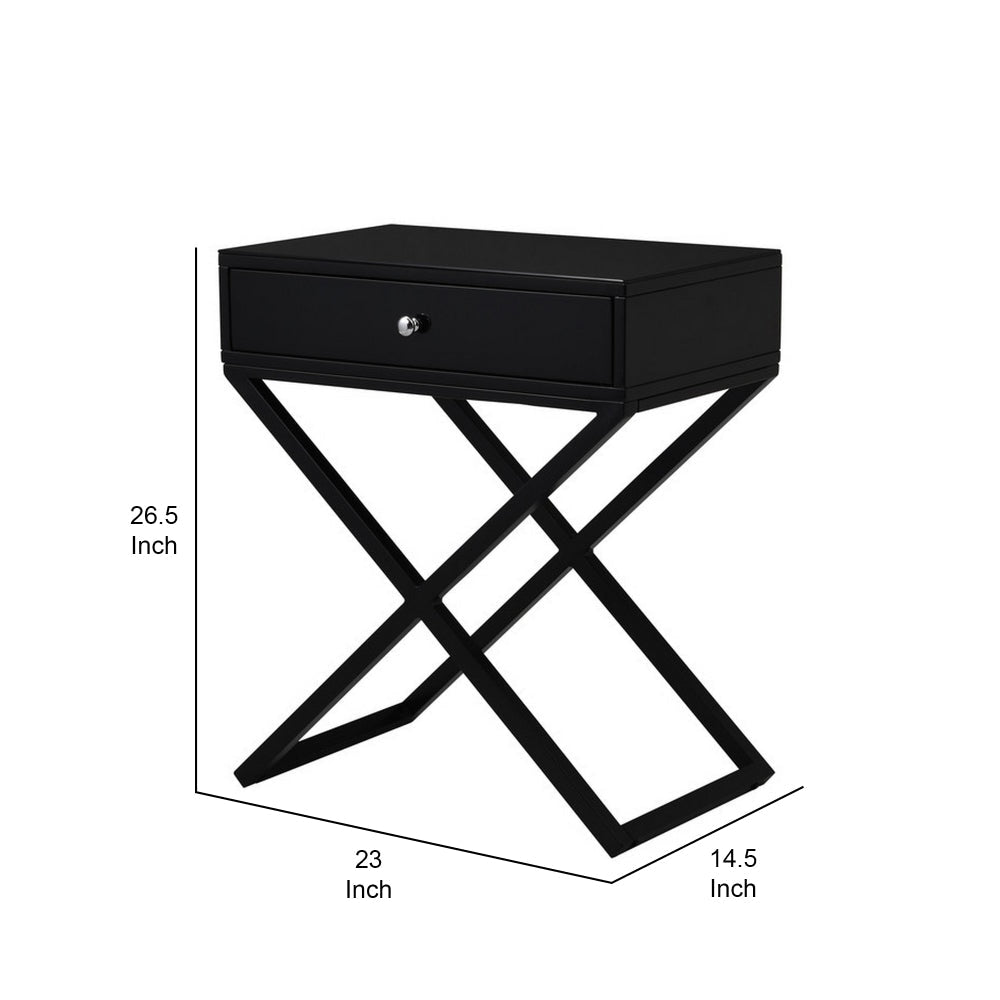Zeno 27 Inch 1 Drawer Nightstand Glass Top Metal Cross Legs Modern Black By Casagear Home BM302302