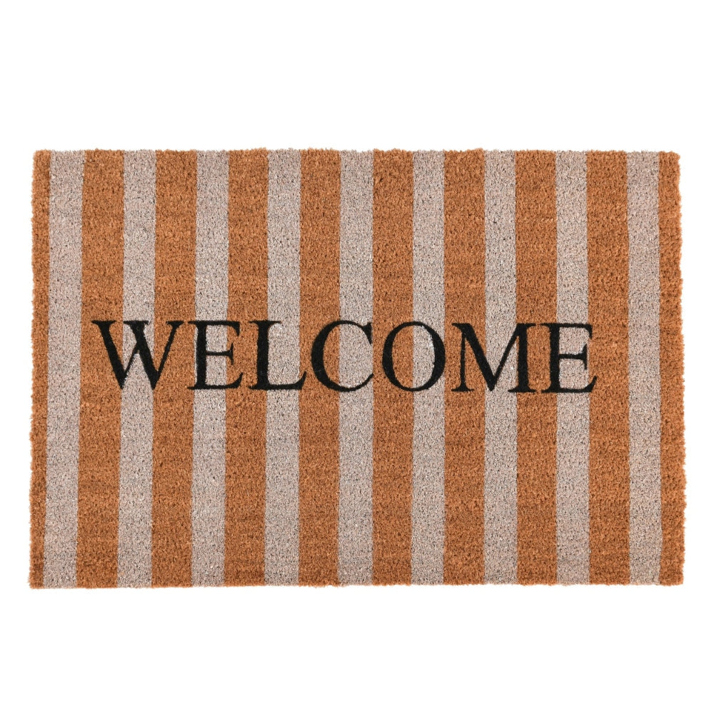 Oy 24 x 36 Coir Welcome Doormat, Hand Screen Print, Brown and Ivory Stripes By Casagear Home