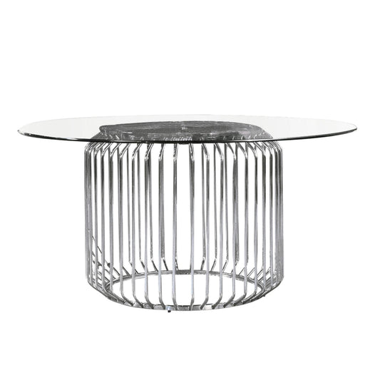 35 Inch Cylindrical Dining Table Base Only, Caged Polished Chrome Metal By Casagear Home