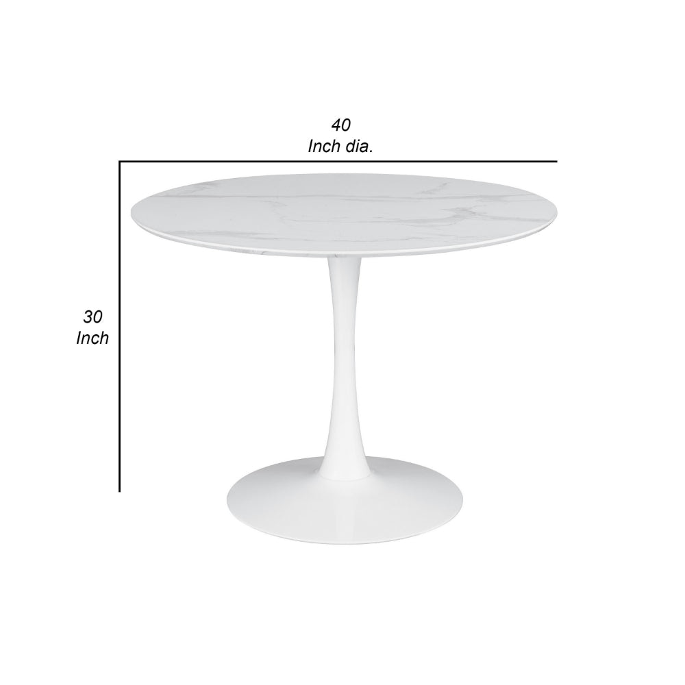 Loxi 40 Inch Round Dining Table White Faux Marble Top Tulip Accent Body By Casagear Home BM302429