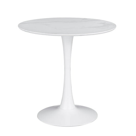 Loxi 30 Inch Round Dining Table, White Faux Marble Top, Tulip Accent Body By Casagear Home