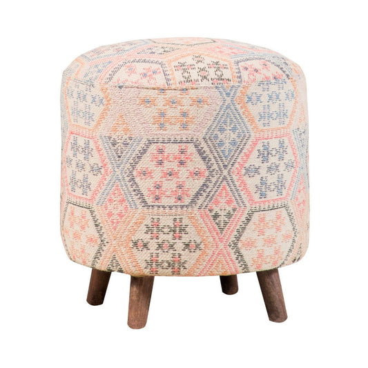 18 Inch Bohemian Style Wood Accent Stool with Multicolor Woven Upholstery By Casagear Home