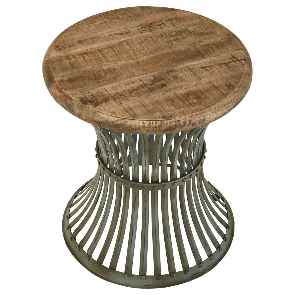 24 Inch Wood Round Accent Table with Hourglass Metal Base Distressed Blue By Casagear Home BM302464