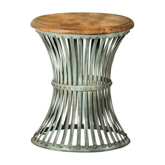 24 Inch Wood Round Accent Table with Hourglass Metal Base, Distressed Blue  By Casagear Home