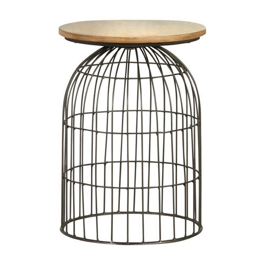 21 Inch Round Accent Table with Bird Cage Style Base, Beige Marble, Black By Casagear Home