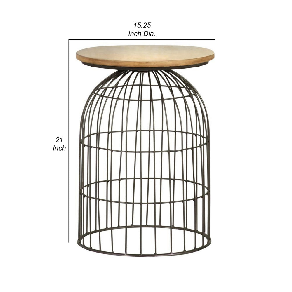 21 Inch Round Accent Table with Bird Cage Style Base Beige Marble Black By Casagear Home BM302466