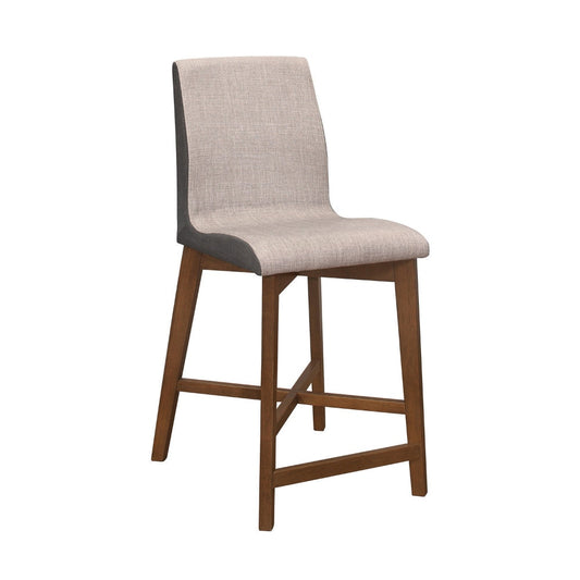 25 Inch Walnut Counter Height Stool with Curved Seat, Taupe Gray Fabric  By Casagear Home