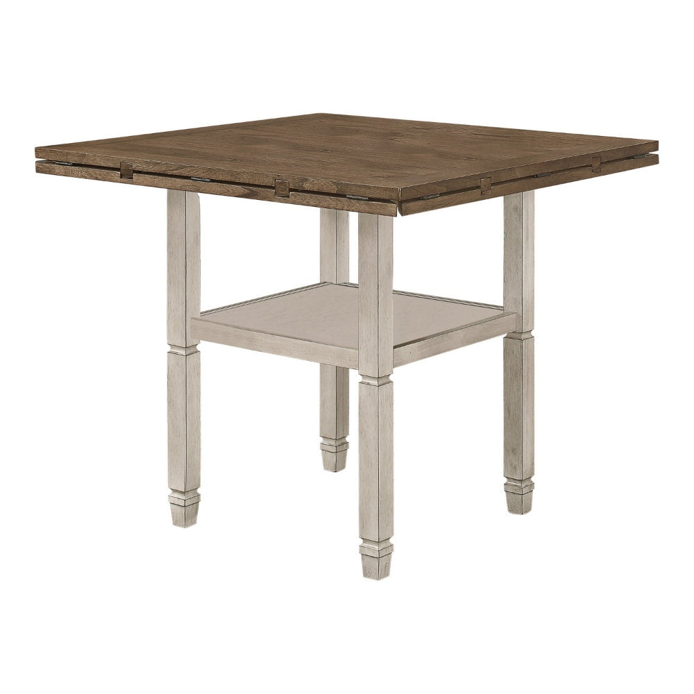 52-60 Inch Counter Height Table, Open Bottom Shelf, 4 Drop Leaves, Brown  By Casagear Home