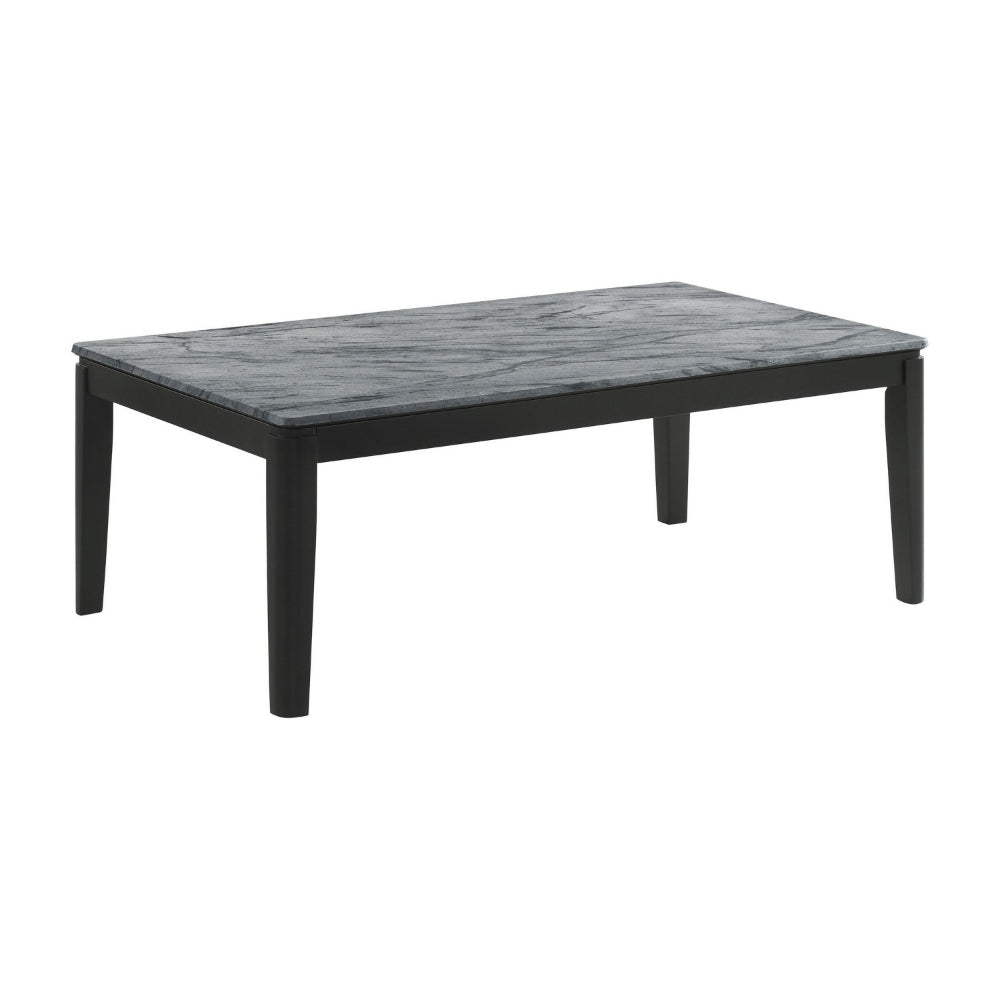 Kyo 47 Inch Coffee Table, Gray Faux Marble Top, Sandy Texturing, Black Legs By Casagear Home
