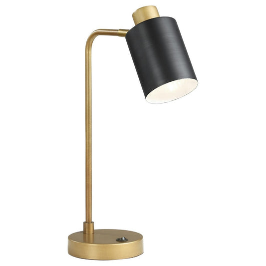 18 Inch Metal Table Lamp, Matte Black Cylindrical Shade, Antique Brass Base By Casagear Home