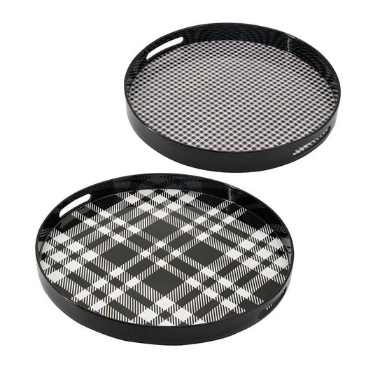 2 Piece Round Decorative Tray, Plastic Frame, Black and White Plaid Print By Casagear Home