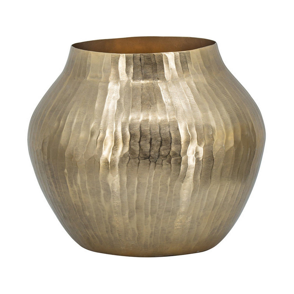 Kria 13 Inch Modern Vase, Curved Shape, Hammered Texture, Gold Metal Finish By Casagear Home