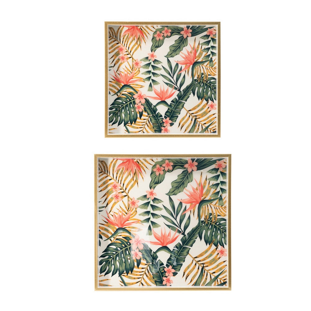 Set of 2 Decorative Trays Crisp White MDF Floral Printed PVC Pink Green By Casagear Home BM302552