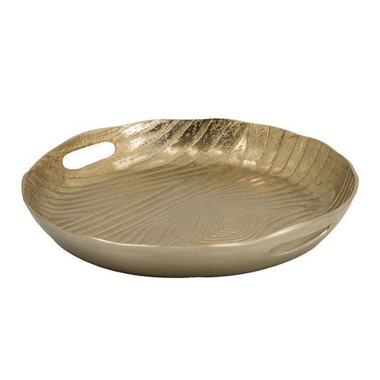 15 Inch Round Decorative Platter Tray, Sloped Rim, Texture Brass Gold  By Casagear Home