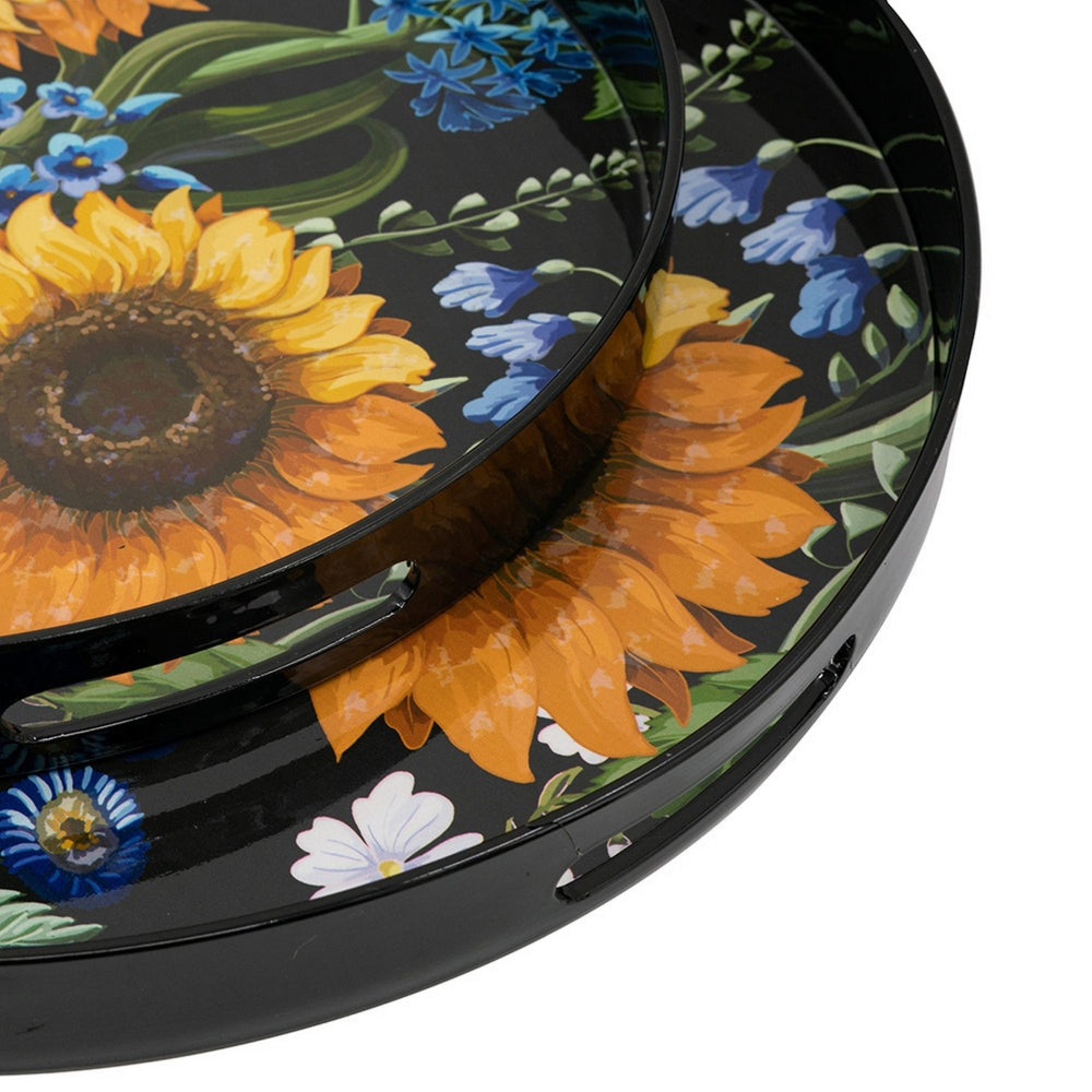 2 Piece Modern Decorative Trays Round Plastic Frame Sunflower Motifs By Casagear Home BM302562