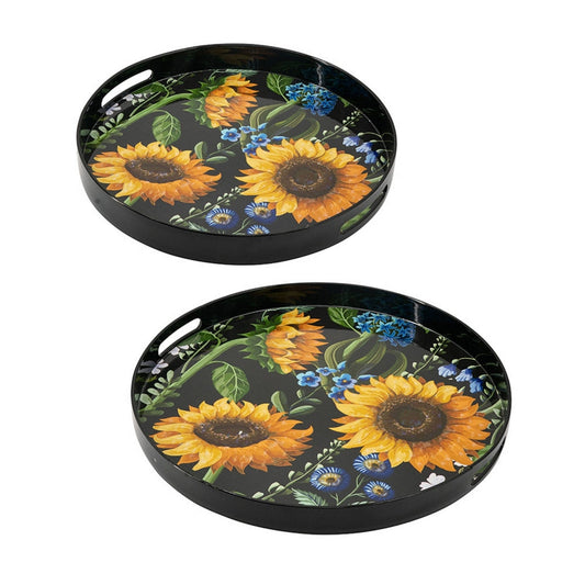 2 Piece Modern Decorative Trays, Round Plastic Frame, Sunflower Motifs  By Casagear Home