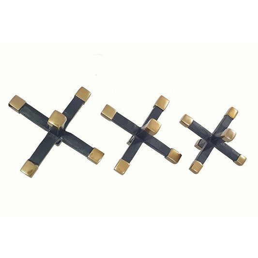 3 Piece Modern Accent Tabletop Decorations, X Shaped Jacks, Black, Gold By Casagear Home