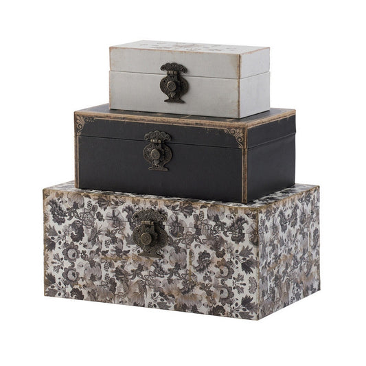 Leo Set of 3 Storage Boxes, Vegan Leather Lining, Ornate Printed Designs By Casagear Home