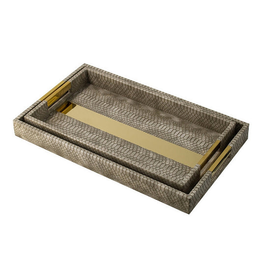 Set of 2 Textured Nesting Trays, MDF Frame, Vegan Faux Leather, Flannel By Casagear Home