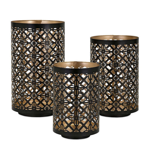 Set of 3 Rounded Iron Candle Holder Lanterns, Matte Black Gold Latticework By Casagear Home