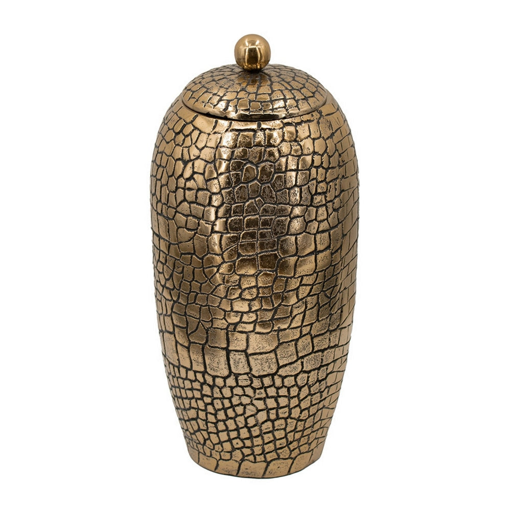 15 Inch Aluminum Urn Lidded Top Hammered Texture Antique Gold Finish By Casagear Home BM302581