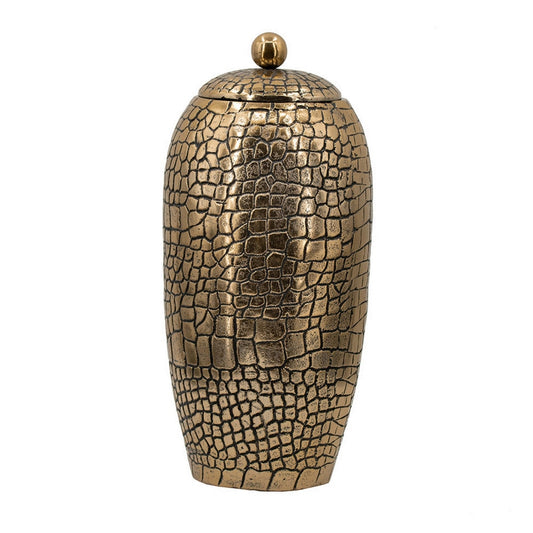 15 Inch Aluminum Urn, Lidded Top, Hammered Texture, Antique Gold Finish By Casagear Home