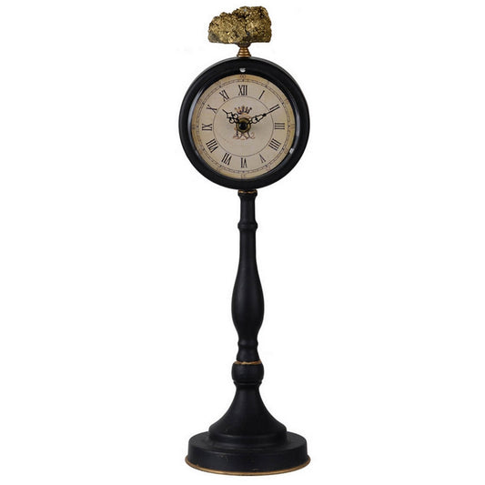 16 Inch Decorative Table Clock, Pedestal Stand, Black Metal, Stone Accent  By Casagear Home