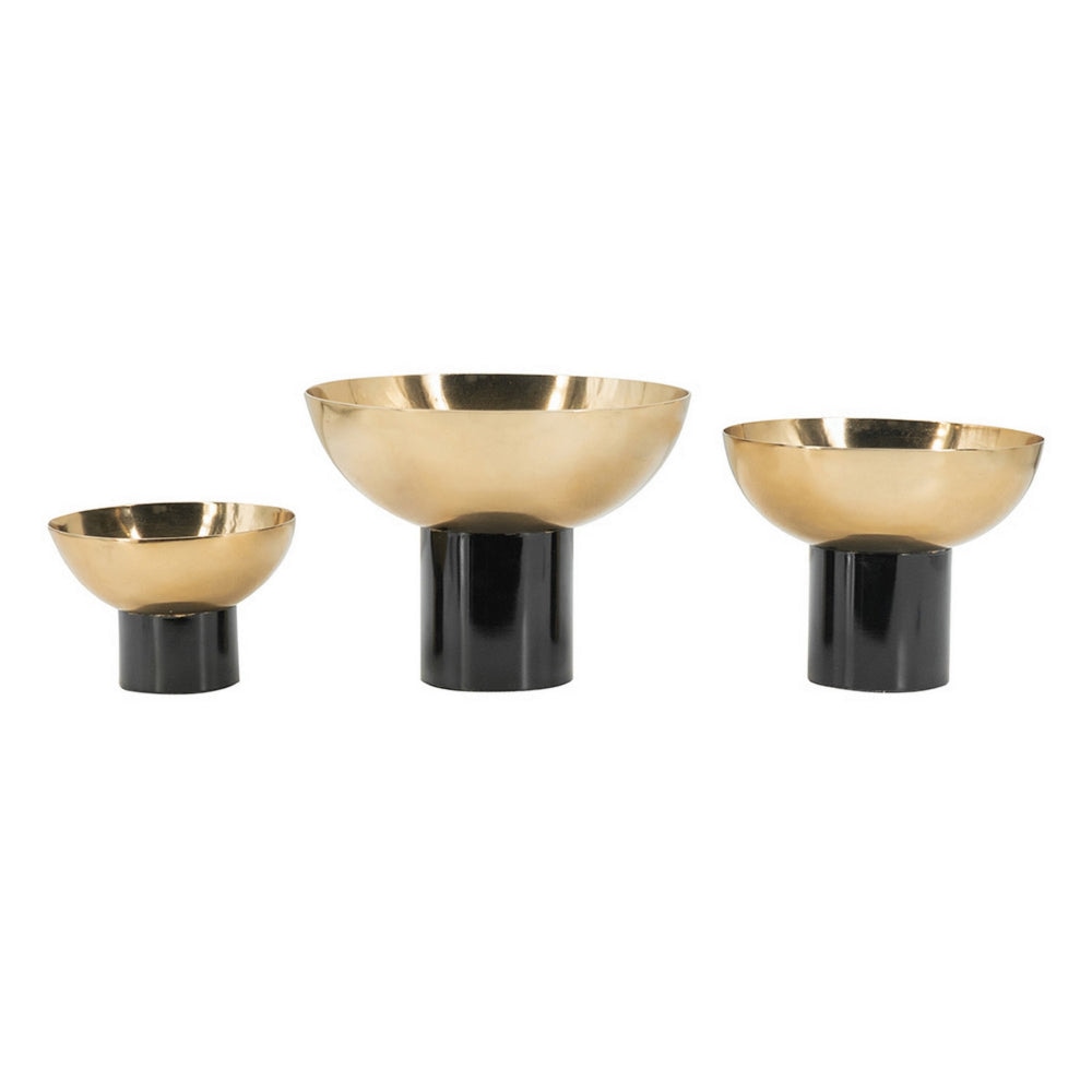 Set of 3 Round Bowls Black and Gold Aluminum Finish Sturdy Metal Stand By Casagear Home BM302584