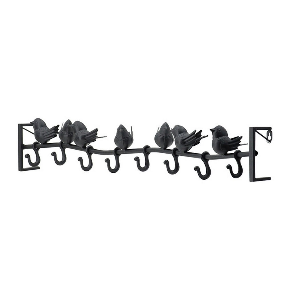 38 Inch Wall Hooks Perched Birds 8 Coat Hooks Black Iron Vintage Style By Casagear Home BM302598