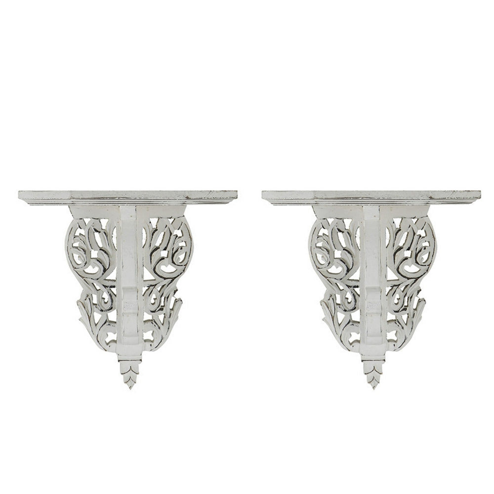 14 Inch Set of 2 Wall Decorations Shelves Antique White Carved Design By Casagear Home BM302600