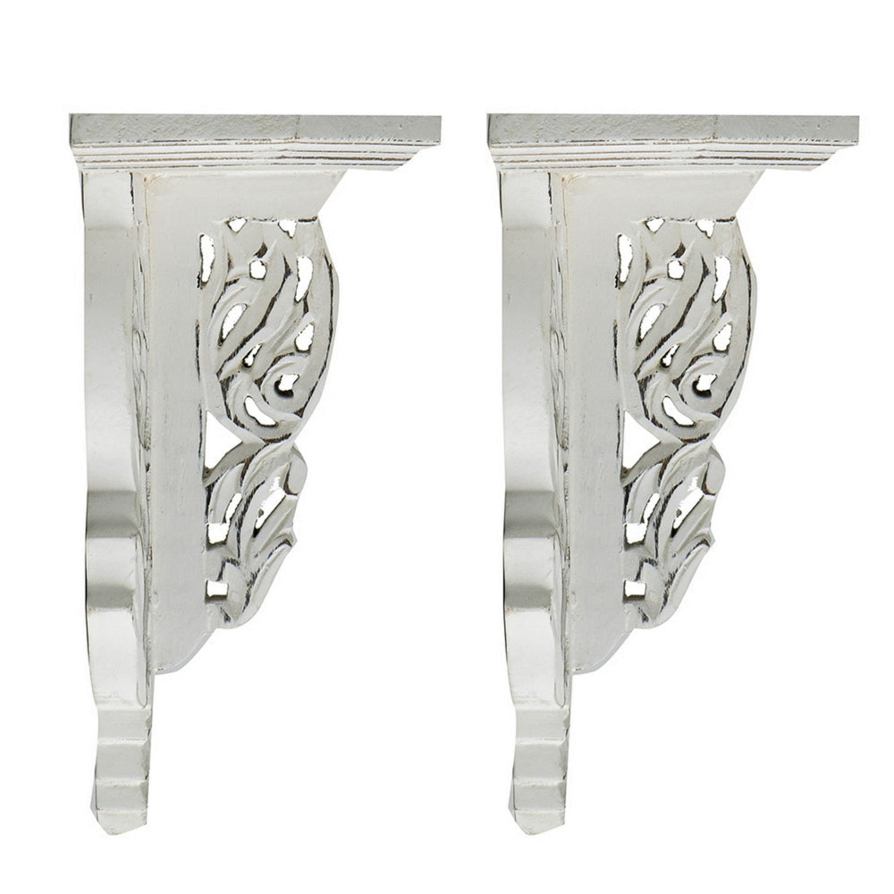 14 Inch Set of 2 Wall Decorations Shelves Antique White Carved Design By Casagear Home BM302600