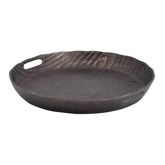 18 Inch Aluminum Decorative Tray, Cut Out Handles, Wood Grain Texturing By Casagear Home
