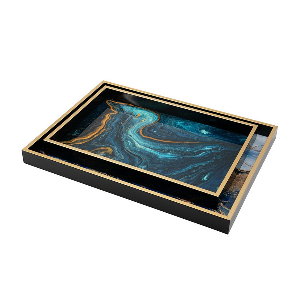 Set of 2 Rectangular Decorative Trays Tall Rims Faux Marble Blue Gold By Casagear Home BM302605