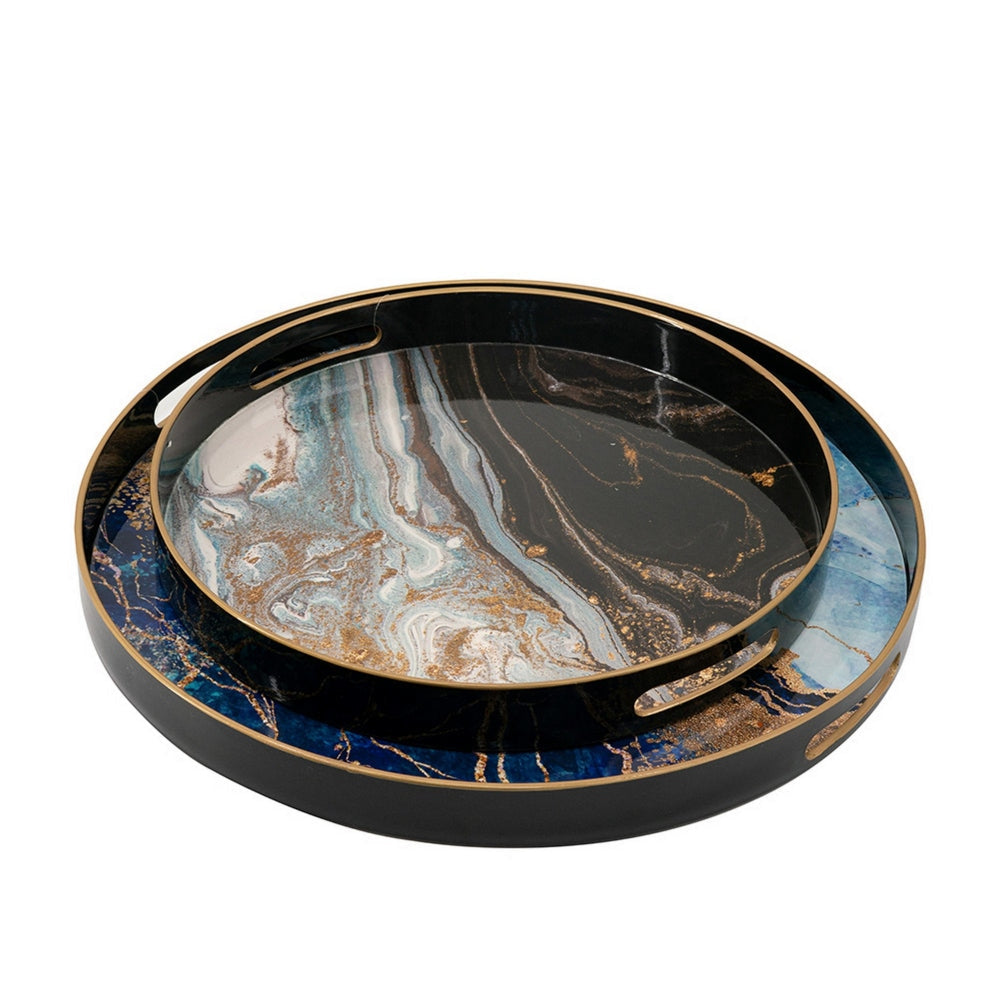 Set of 2 Round Decorative Trays Tall Rims Faux Marble Blue Gold By Casagear Home BM302609