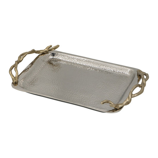 16 Inch Rectangular Decorative Tray, Branch Design Handles, Silver, Gold By Casagear Home