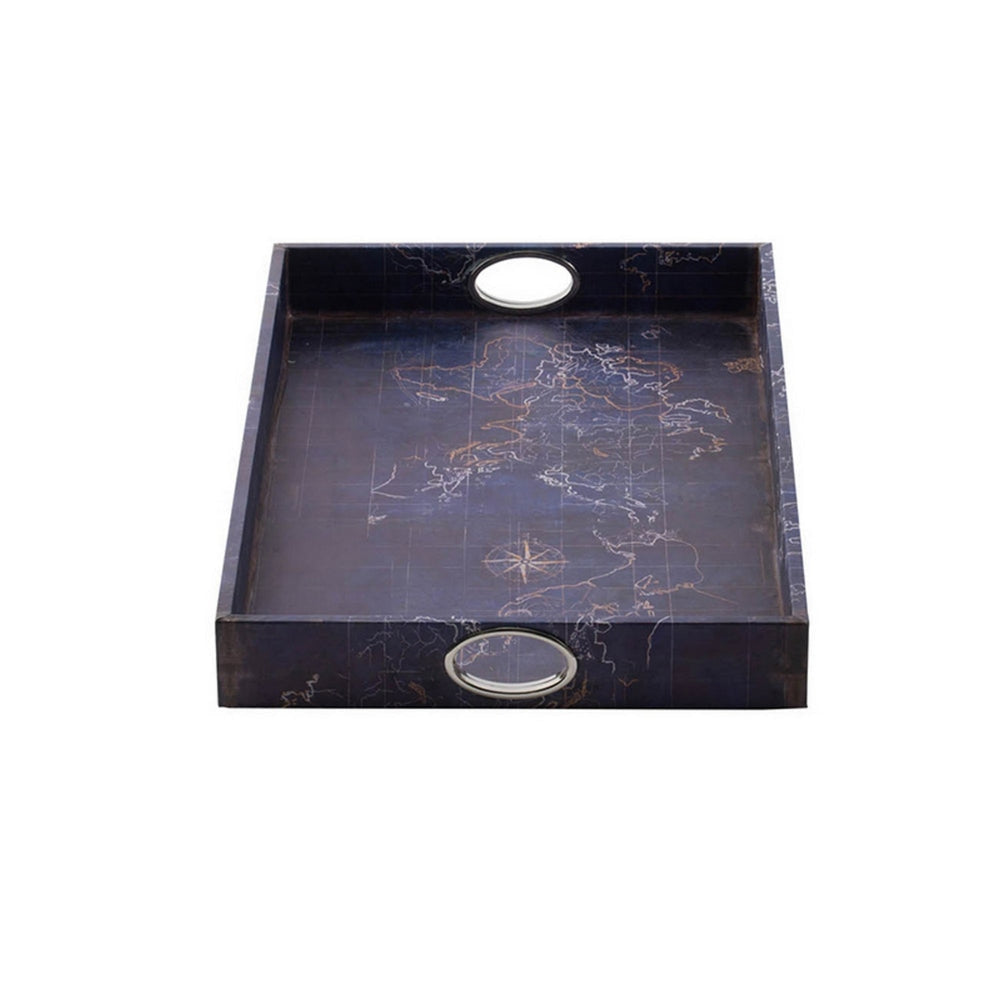 25 Inch Set of 2 Rectangular Decorative Trays Gold Map Design Deep Blue By Casagear Home BM302624
